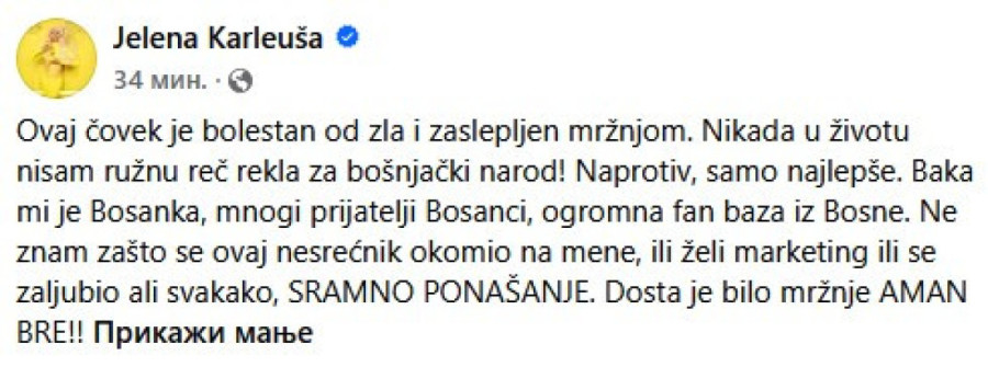 Karleušina reakcija na saopštenje Elmedina Konakovića: Dosta je bilo mržnje, aman! (FOTO)