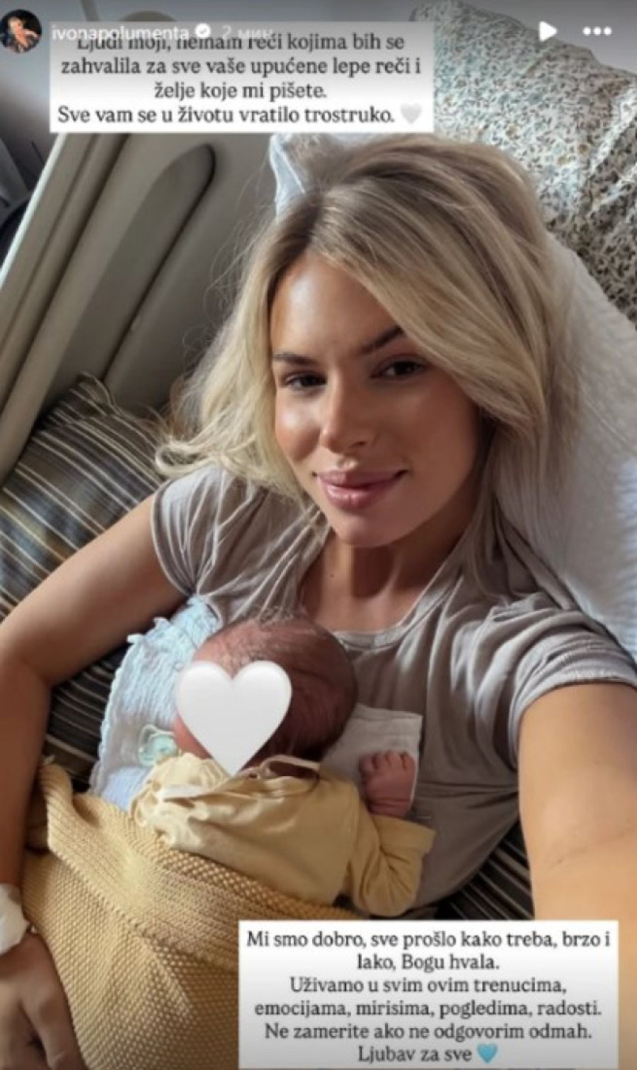 Ivona Polumenta se oglasila iz porodilišta: Tek rođenog sina ne ispušta iz naručja (FOTO)