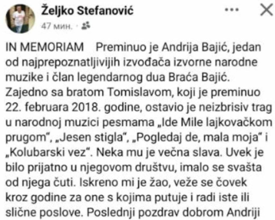 "Poslednji pozdrav dobrom Andriji..." Voditelj se oprostio od čuvenog Bajića (FOTO)