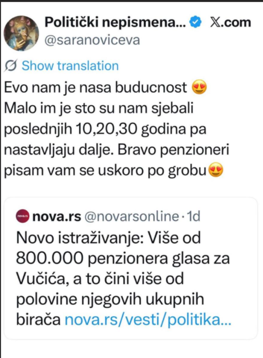Dok Vučić povećava penzije, blokaderi penzionere nazivaju "stokom"! Posle uvreda priželjkuju da "poumiru" i traže da im se ukine pravo glasa
