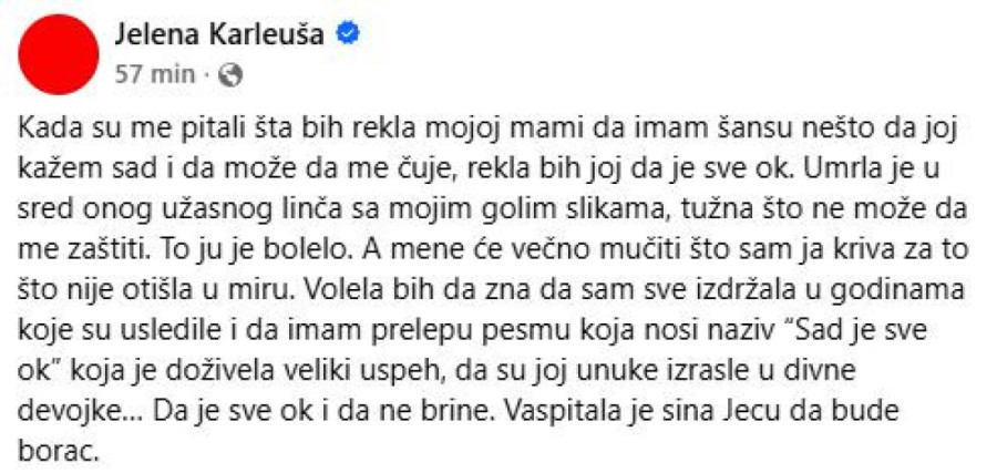 Karleušu dan-danas boli odlazak majke Divne: Da imam šansu nešto da joj kažem, ovo bih joj rekla!