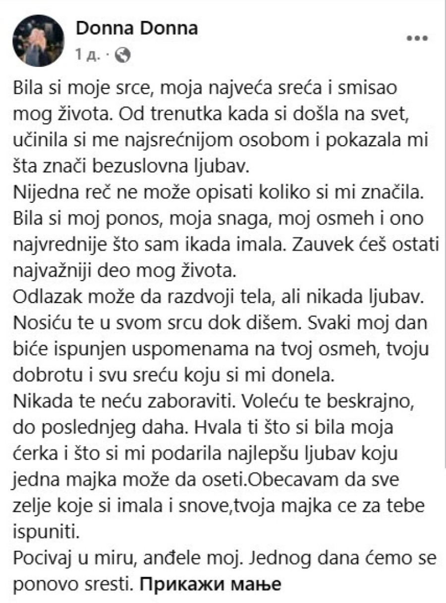 Nevena Hot se oprostila od poginule ćerke: "Anđele, bila si smisao mog života..."