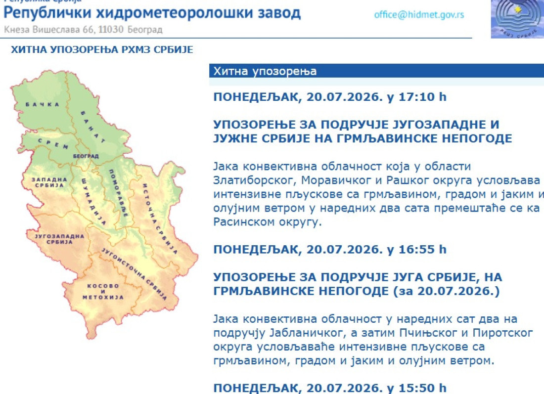 Nevreme već stiglo u Srbiju! RHMZ hitno upozorio građane Rasinskog i još tri okruga
