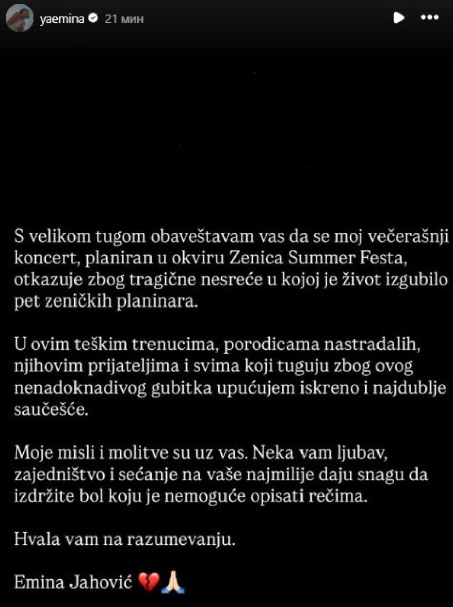 Emina zbog tragedije otkazala nastup: Moje misli i molitve su uz vas (FOTO)