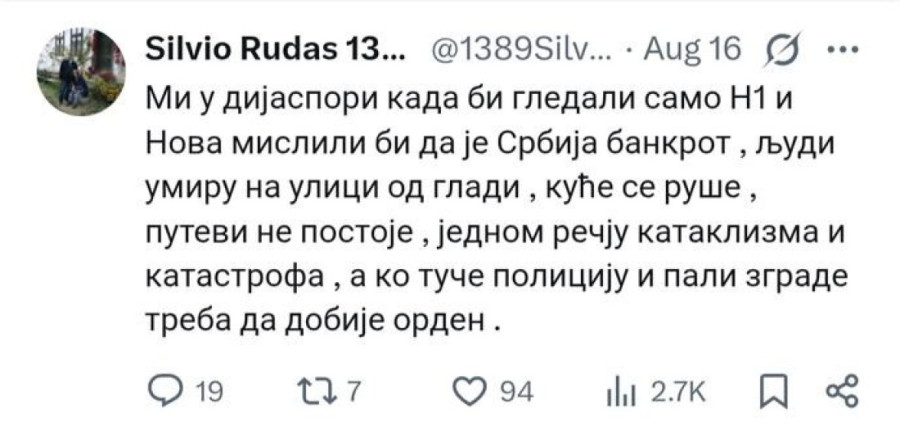 “Mi u dijaspori kada bi gledali samo N1 i Novu mislili bi da je u Srbiji kataklizma” Precizna dijagnoza blokaderskih medija u jednom tvitu