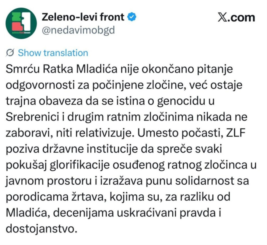 Sramno! Dok Srbi pate za generalom Mladićem, autošovinisti iz Zeleno-levog fronta otvoreno pljuju!