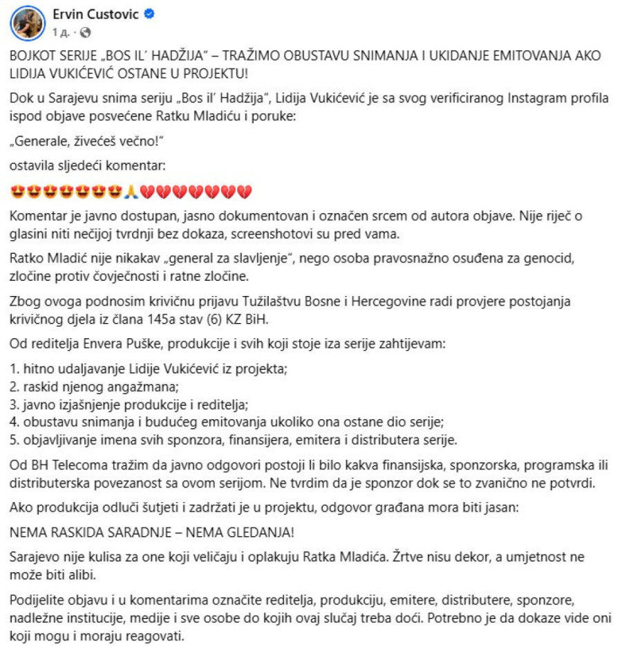 Krivična prijava protiv Lidije Vukićević zbog komentara o Mladiću: Traže da bude udaljena sa snimanja serije u Sarajevu