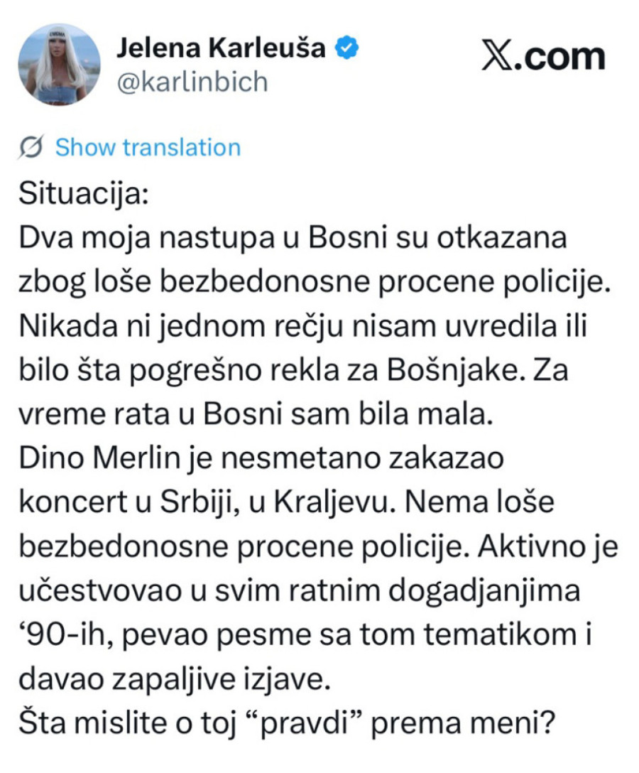 Jeleni Karleuši zabranili dva koncerta u BiH: "Dino Merlin je učestvovao u ratnim dešavanjima, a dolazi u Srbiju"