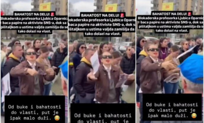 Blokaderska profesorka pokazala bahatost na delu: Sa pištaljkom u ustima bacala papire aktivistima SNS-a! (VIDEO)