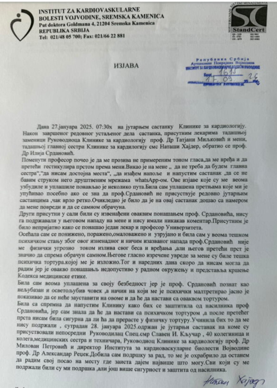 Novi navodi o Srdanoviću: Glavna sestra opisala pretnje i „psihičku torturu“